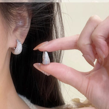 Silver Tone Clear Pave Curved Teardrop Huggie Earrings