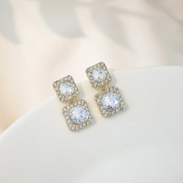 Gold Double Square Crystal Halo Linked Dangle Earrings