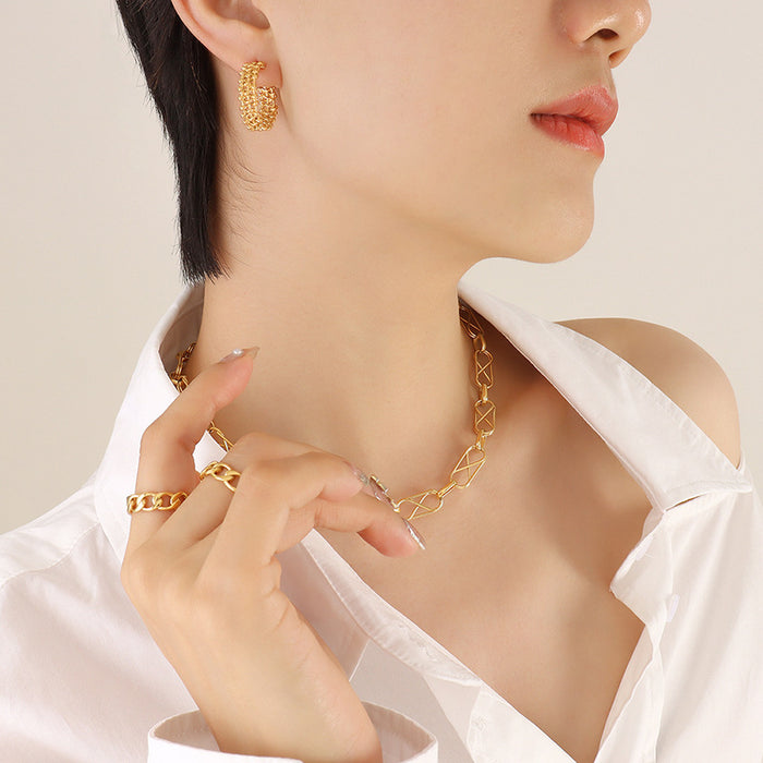 Woven Lattice Mesh C Shape Hoop Earrings Gold Steel