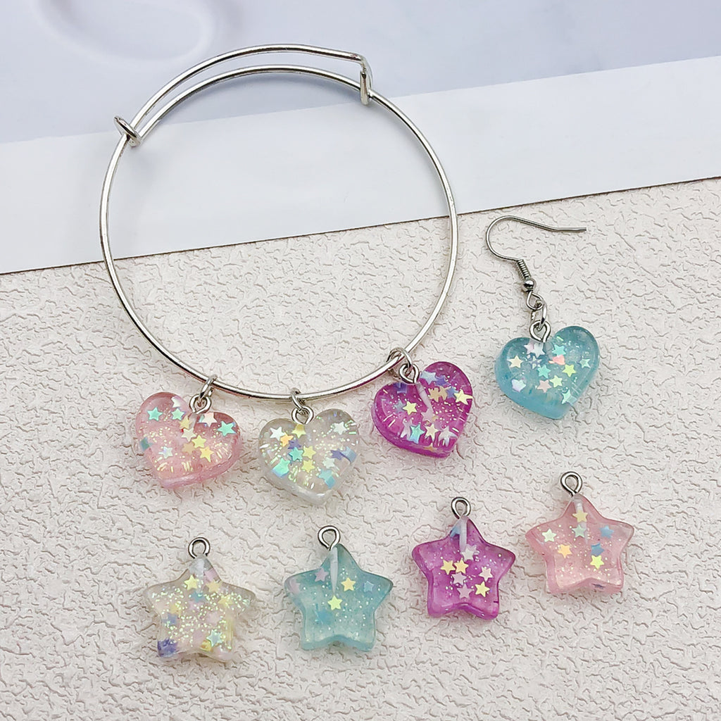 Resin Transparent Glitter Heart Five Point Star Charm Pendants for DIY Phone Strap Jewelry