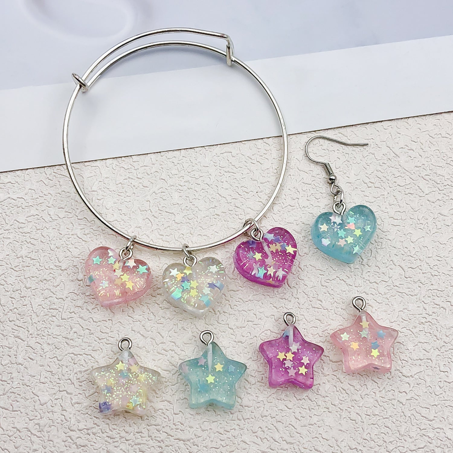 Resin Transparent Glitter Heart Five Point Star Charm Pendants for DIY Phone Strap Jewelry