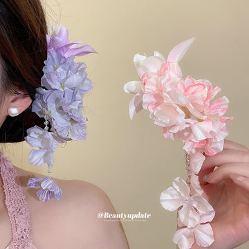 Fabric Flower Cascade Duckbill Hair Clips Pink Purple