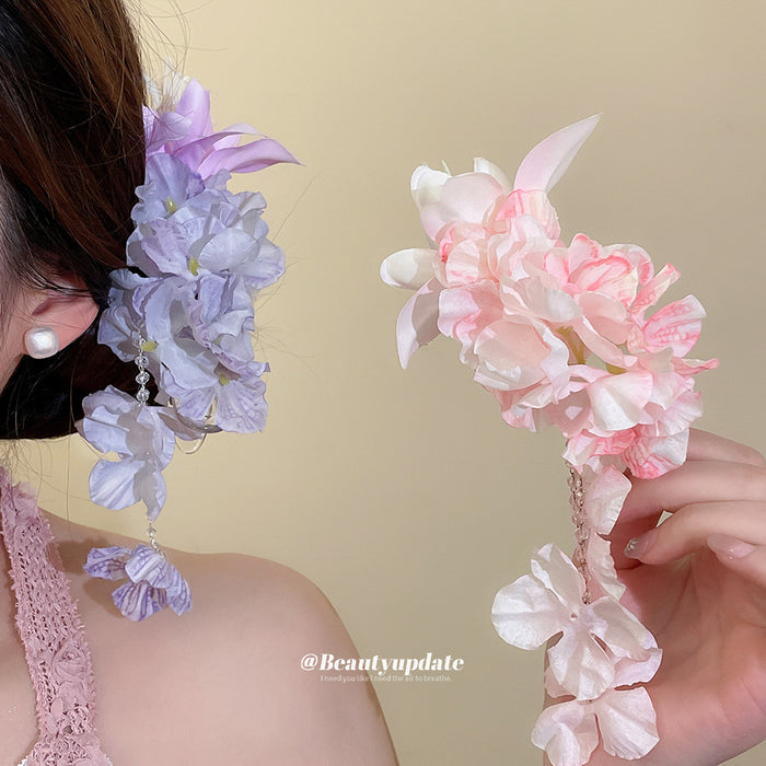 Fabric Flower Cascade Duckbill Hair Clips Pink Purple