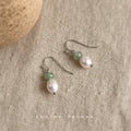 Silver Tone Green Stone White Pearl Drop Hook Earrings view 4