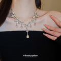 Silver Tone Pink Branch And Teardrop Crystal Necklace And Earrings view 2
