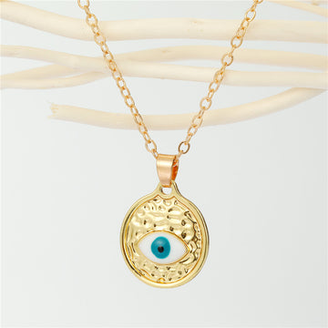 Gold Tone Round Textured Evil Eye Medallion Pendant Necklace