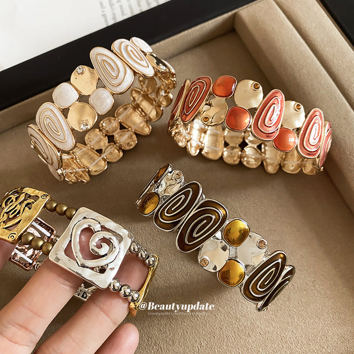 Spiral Enamel Stretch Bracelets With Metal Heart Filigree