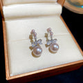 Pink Pearl and Crystal Bow Shaped Hoop Stud Earrings view 6