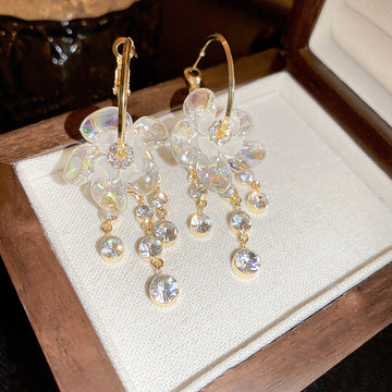 Clear Flower Crystal Hoop Drop Earrings in Gold Tone