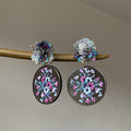 Floral Print Round Disc Earrings with Iridescent Flower Studs view 3