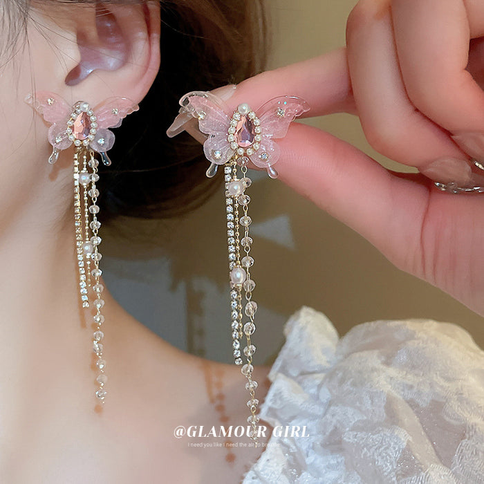 Pink Butterfly Crystal Earrings with Triple Chain Tassels