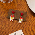 Cartoon Reindeer Heart Drop Earrings Red and White Colorways view 7