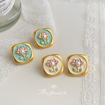 Gold Square Flower Pearl Stud Earrings Matte White Green