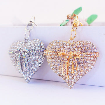Clear Rhinestone Heart Bow Keychain With Lobster Clasp
