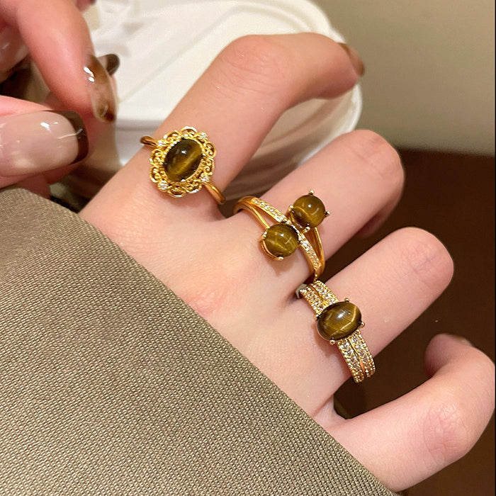 Gold Open Ring Brown Tiger Eye Oval Stone Clear Accents