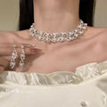 Silver Pearl Rhinestone Choker Necklace Drop Earrings Set view 1