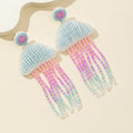 Blue Beaded Jellyfish Drop Earrings With Pastel Fringe Tassels view 3