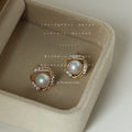 Gold Tone Clear Stone Halo Large White Pearl Stud Earrings view 1