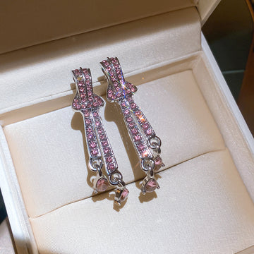 Long Crystal Fringe Drop Earrings in Pink and Green