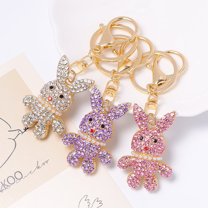 Rhinestone Bunny Keychain Pearl Collar Gold Metal Charm