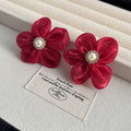 Satin Look Flower Pearl Cluster Statement Stud Earrings view 7
