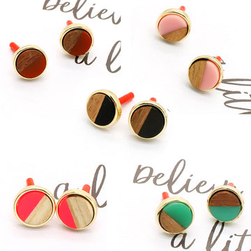 Gold Tone Round Wood and Resin Color Block Stud Earrings in Five Colors