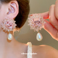 Pink Fabric Flower Stud Earrings With Pearl Drops Statement Pair view 2