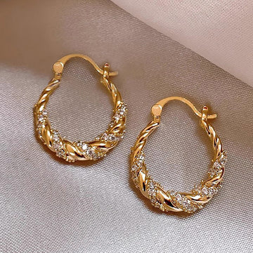 Gold Tone Twisted Rope Clear Stone Hoop Earrings Pair