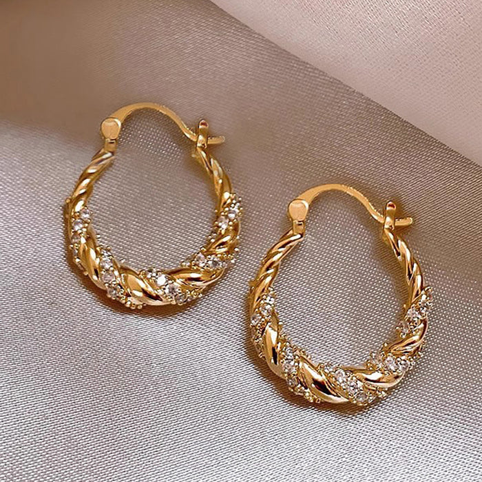 Gold Tone Twisted Rope Clear Stone Hoop Earrings Pair