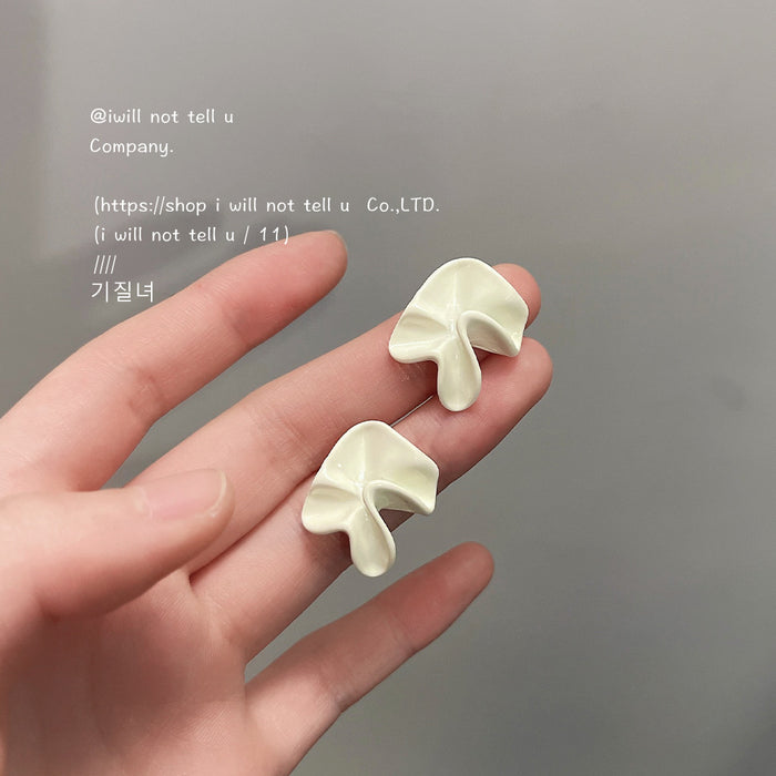 Ivory White Matte Folded Petal Abstract Sculpted Stud Earrings