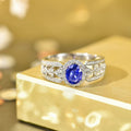 Silver Tone Blue Oval Stone Ring With Layered Pavé Band view 3
