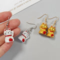White and Gold Lucky Cat Drop Earrings with Fishhook Ear Wires view 3