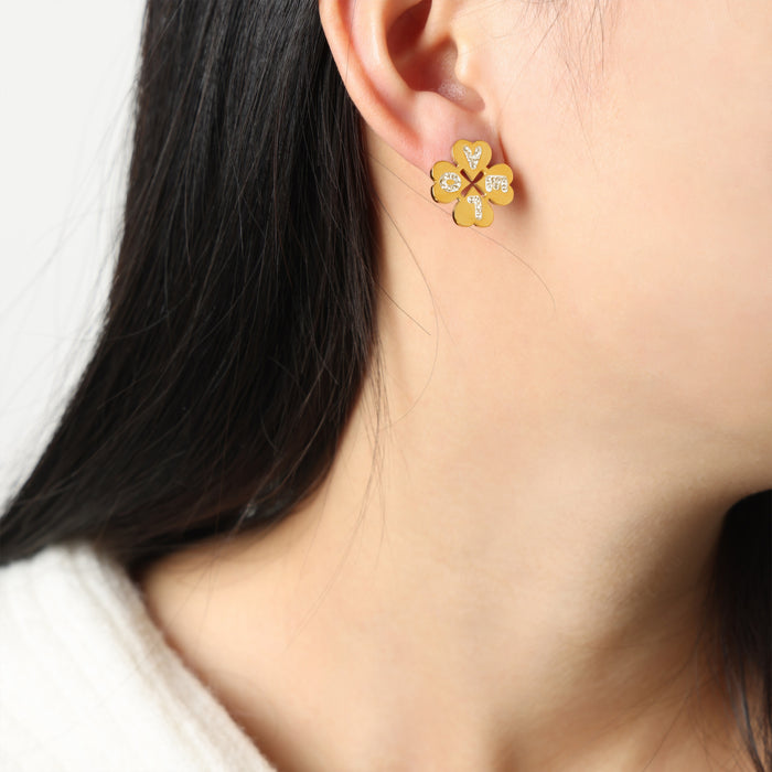 Gold Clover LOVE Letter Stud Earrings Crystal Accent Design