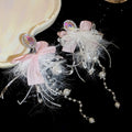 Multi Row Pearl Rhinestone Choker Pink Feather Bow Earrings view 6