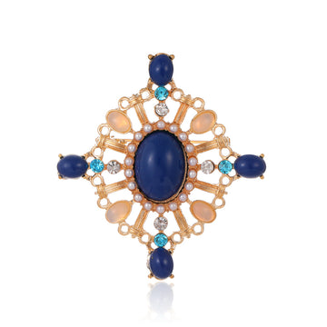 Blue Gold Tone Cross Openwork Crystal Pearl Look Metal Brooch Pin