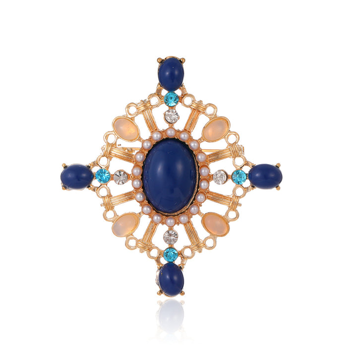 Blue Gold Tone Cross Openwork Crystal Pearl Look Metal Brooch Pin