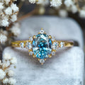 Aqua Oval Floral Cluster Three-Stone Ring In Two Metal Tones view 5