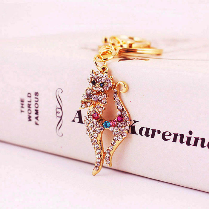 Elegant Rhinestone Cat Animal Keychain Zinc Alloy Purse Charm