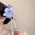 Purple Fabric Lily Hair Clip Pearl Crystal Ribbon Tassels view 3