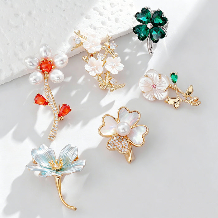 Six Floral Branch and Clover Pearl Look Metal Brooch Designs
