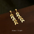 Gold Wheat Leaf Stacked Cascade Drop Stud Earrings view 3