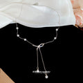 Silver Rhinestone Bow Pearl Y Necklace Dual Pearl Drops view 2