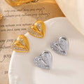 Gold Steel Rhinestone Paved Heart Stud Earrings Pair view 4