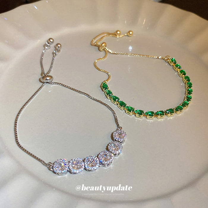 Green Crystal Or Silver Cluster Adjustable Slider Bracelet