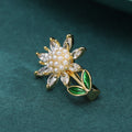 White Crystal Sunflower Brooch with Green Enamel Leaves view 4