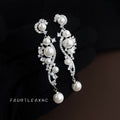 Silver Pearl Crystal Vine Swirl Long Drop Earrings view 4