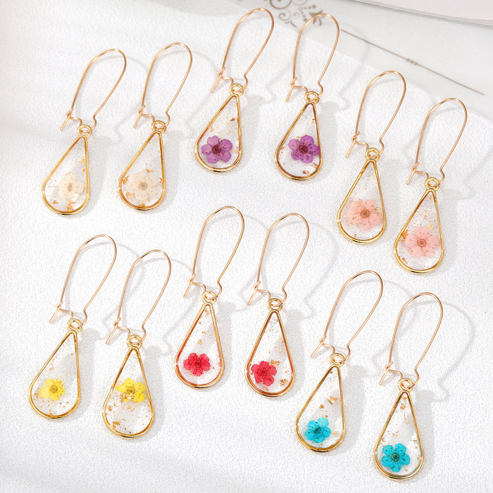 Gold Tone Clear Resin Pressed Flower Teardrop Hook Earrings