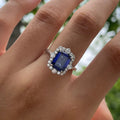 Deep Blue Rectangular Solitaire Floral Halo Ring Silver Tone view 3