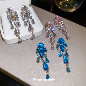 Crystal Teardrop Chandelier Stud Earrings with Polished Metal Details