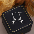 Silver Tone Clear Accent Cross Chain Long Earrings view 2